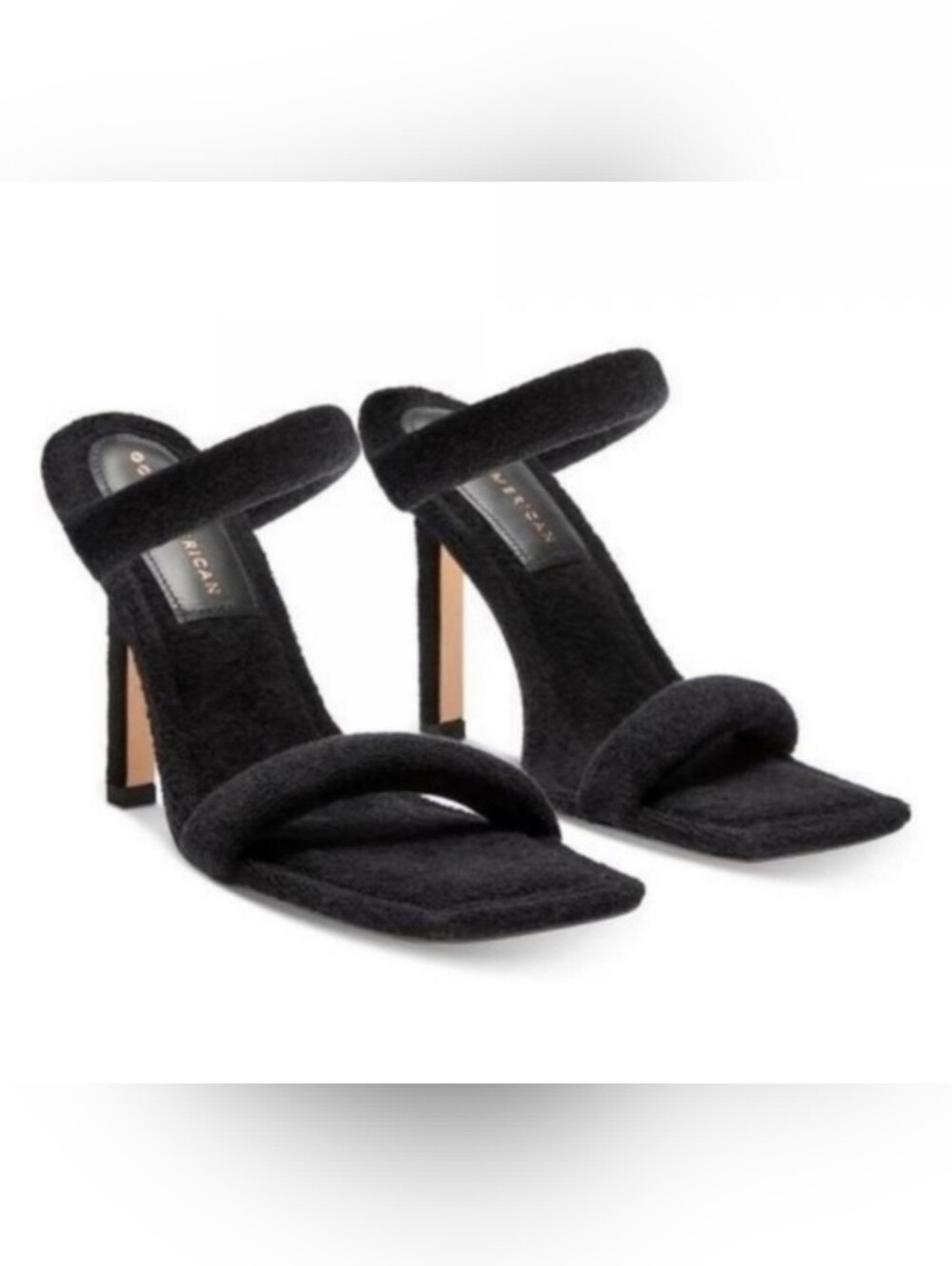 Good American Black Fuzzy Double-Strap Stiletto Sandals